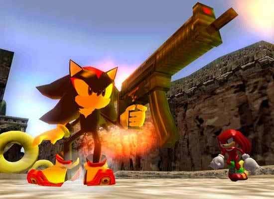 Shadow held a gun in one hand and Knuckles walked beside him.